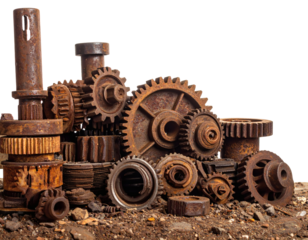 Gritty industrial gears and cogs rusted with age, conveying decay, abandonment, and the relentless march of time