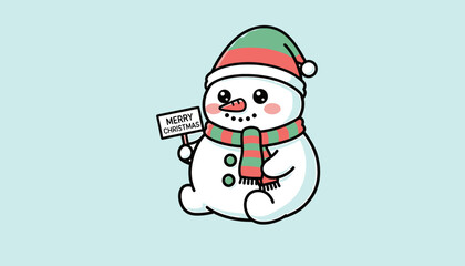 Cute cartoon snowman wearing a striped hat and scarf, holding a Merry Christmas sign on a light blue background.