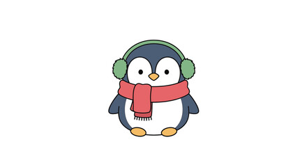 Cartoon penguin wearing earmuffs and a scarf on a white background.