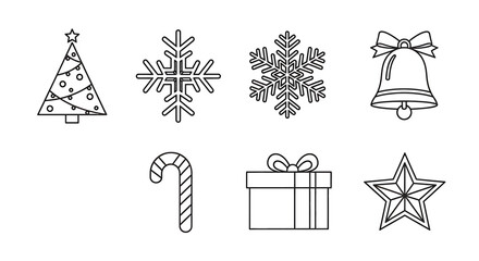 Christmas icons: tree, snowflakes, bell, candy cane, gift, star.