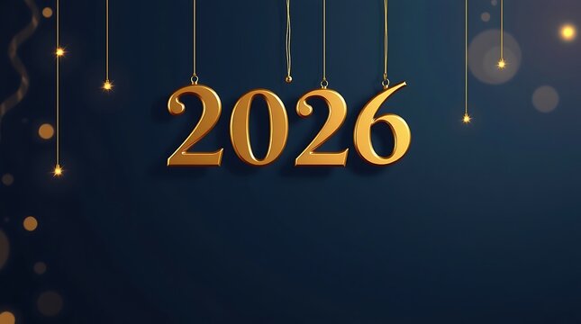 Golden 2026 numbers hanging with bokeh lights on dark background - Powered by Adobe
