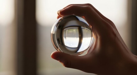 Hand holding a clear crystal ball, refracting a blurred window scene