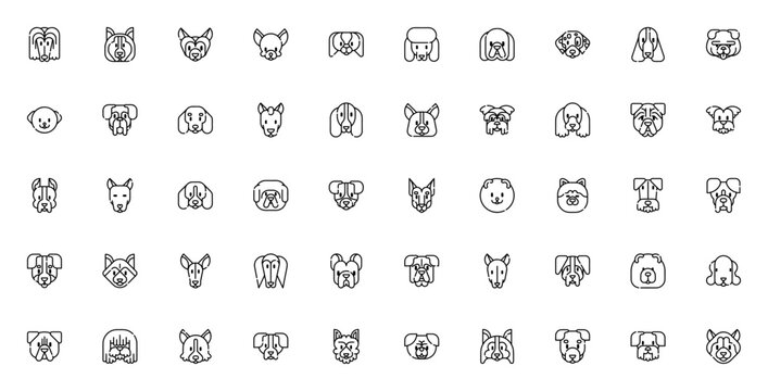 Dog breeds icon set. Vector illustration of various og types including Afghan ound, Chihuahua, Poodle, Blldog, Dachshund, Corgi, Grman Shepherd and more.