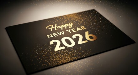 Happy New Year 2026" in gold script on a black card with gold glitter
