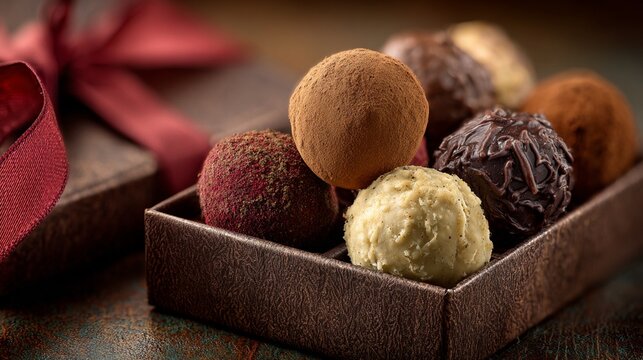 Indulge in a delightful assortment of handcrafted chocolate truffles elegantly arranged in a rustic box, making it the perfect gift for any chocolate lover.