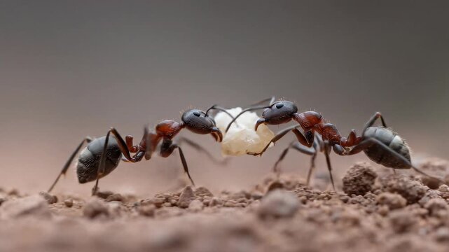 Two industrious worker ants demonstrate remarkable cooperation carrying valuable white food across textured dirt ground showcasing powerful insect teamwork
