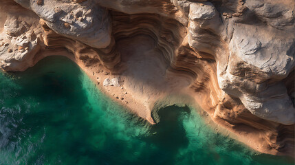 Water-eroded rocks at the base of a deep valley, emerald river, top view