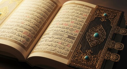 Obraz premium Exquisite Open Quran Book Displaying Detailed Arabic Script and Intricate Design
