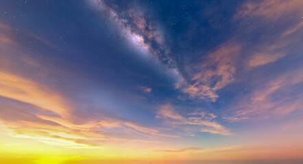 Stunning Sunset And Milky Way Cloudscape Over Calm Horizon At Dusk With Night Stars