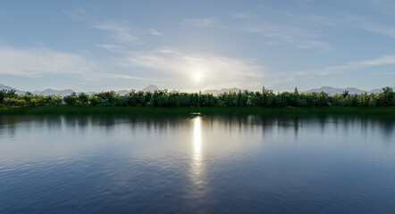 Serene Lake At Sunrise With Forested Shoreline And Mountain Range Reflections