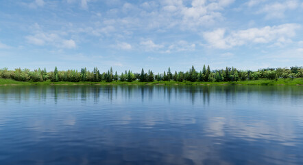 Tranquil Lake With Forest Shoreline Reflections Under Bright Blue Sky and Green Trees