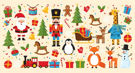 Fototapeta premium Festive Christmas banner with cheerful Santa, nutcracker, train, wrapped gifts and holiday decorations