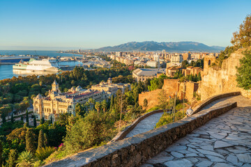 Obraz premium Mirador de la Coracha terrace overlooking city hall and skyline of Malaga city. Spain