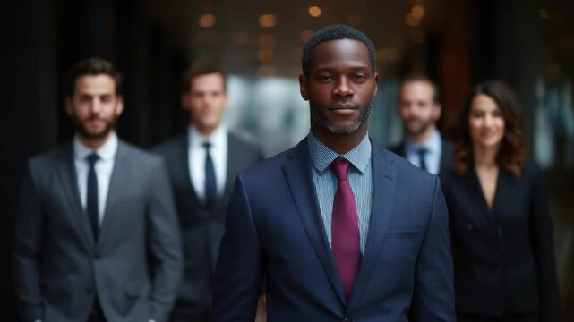 Diverse team of confident business professionals walking forward