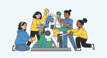 Diverse team of young students collaborating on an engineering project.