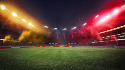 Dramatic football stadium scene at night with intense red and yellow smoke effects above a green grass field. Cinematic sports arena atmosphere symbolizing rivalry, passion, competition, and big match © Pix