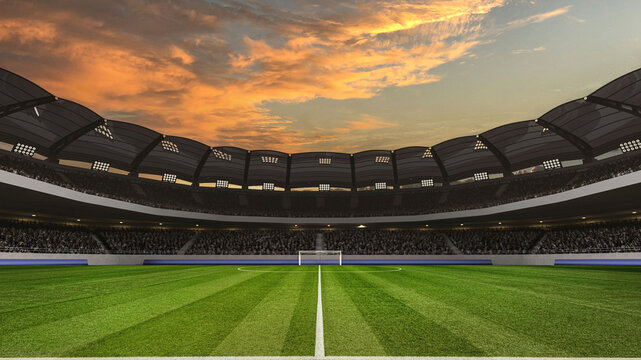 Professional football stadium at sunset with vibrant green grass field and dramatic sky. Modern soccer arena with wide perspective and natural warm lighting, ideal for football and soccer designs.