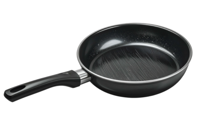 Black non-stick frying pan with gray interior and a black handle