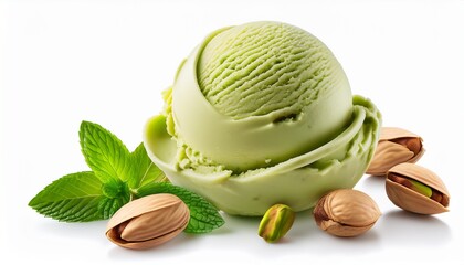 Pistachio Ice Cream Scoop Garnished With Mint Leaves And Nuts On A Transparent Background