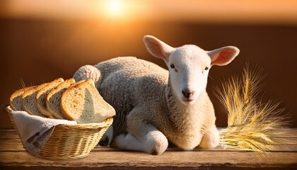 Lamb Resting Near Bread Wine Wheat Golden Light Illuminating