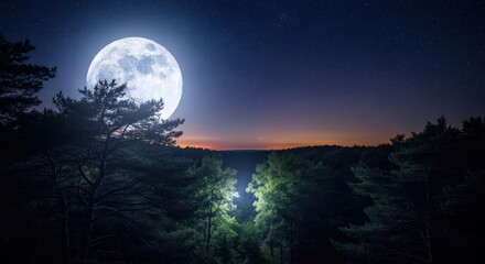 Mystical Full Moon Over Forest Landscape and Starry Sky at Twilight