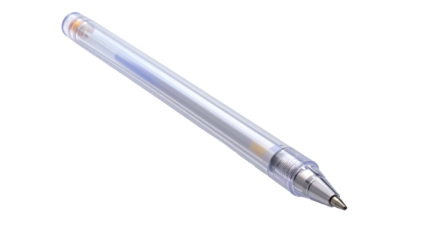 Clear plastic pen with blue ink visible, angled on black background