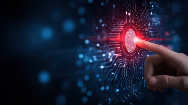 Fingerprint scan authentication on digital circuit board with red biometric interface showing secure access concept