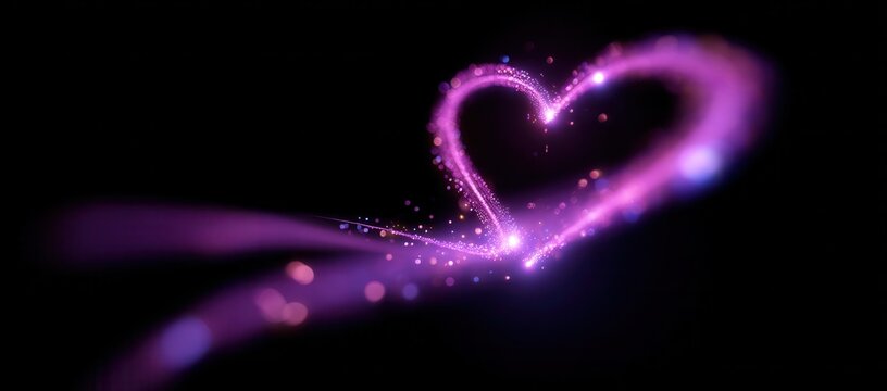 Romantic purple heart made of glowing particles on dark background with bokeh effect for Valentine's Day