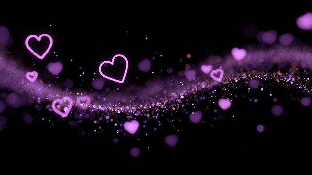 Multiple glowing purple hearts floating on dark background creating romantic atmosphere for Valentine's Day