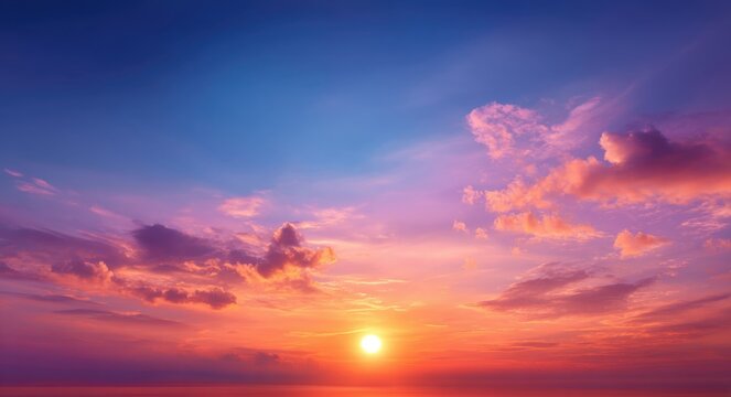 Beautiful sunset sky with vibrant orange and pink clouds as sun sets on horizon creating peaceful atmosphere - Powered by Adobe