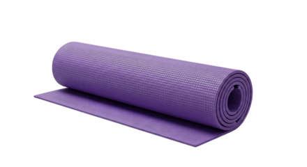 Purple yoga mat rolled up on black background for fitness concept