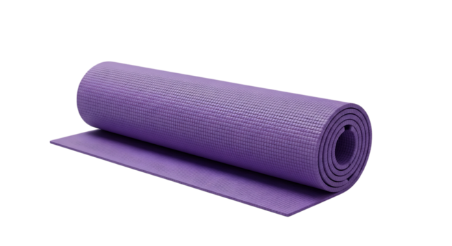 Purple yoga mat rolled up on black background for fitness concept
