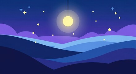 Fototapeta premium Minimalist Night Landscape with Glowing Moon and Stars Over Rolling Hills.