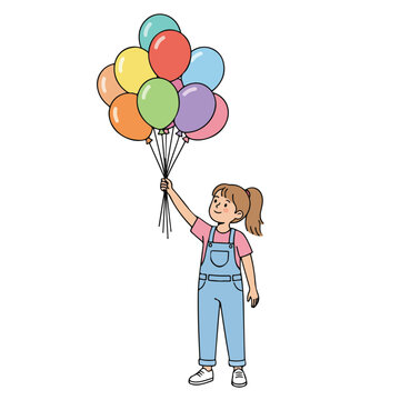 Happy Girl Holding Colorful Balloons Cartoon