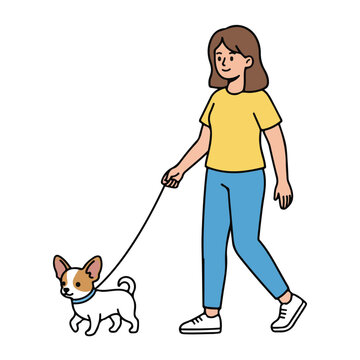 Girl Walking Dog on Leash Cartoon Illustration