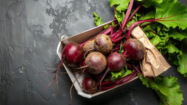 Beetroot Bounty: A vibrant assortment of freshly harvested beetroots, showcasing their deep, earthy colors, rests in a rustic container, complemented by lush green leaves.