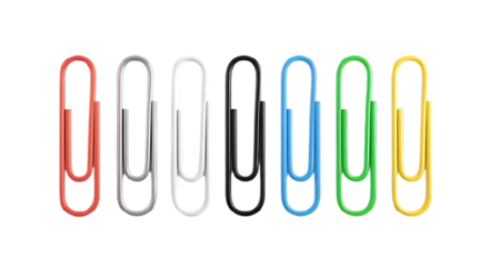 Colorful paper clips isolated on transparent background arranged in a row