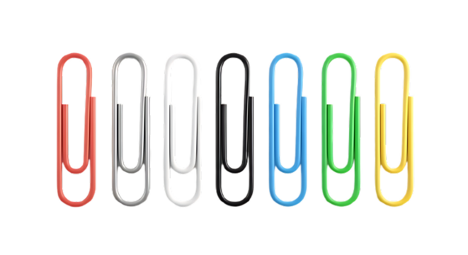 Colorful paper clips isolated on transparent background arranged in a row