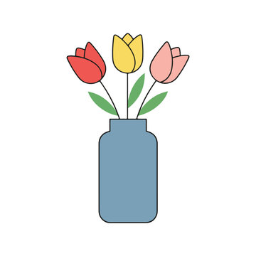 Colorful Tulips in Blue Vase Cartoon