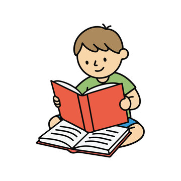 Boy Reading Book Cartoon Illustration