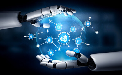 Two robotic hands hold a glowing digital globe featuring KPI metrics, symbolizing the intersection of technology and data analytics in a futuristic setting. Tessel