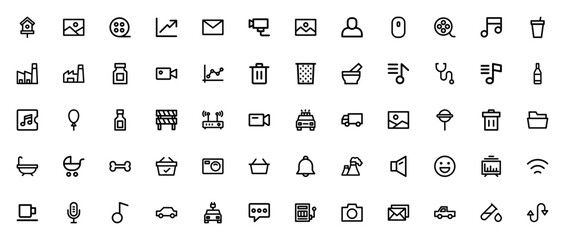 Miscellaneous icon set. Vector illustration pack. Inludes symbols for bird houe, film strip, email, musi, factory, video camera, sopping basket, car and mor. Editable stroke. © wang
