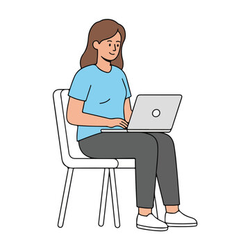 Girl Working on Laptop Cartoon Illustration