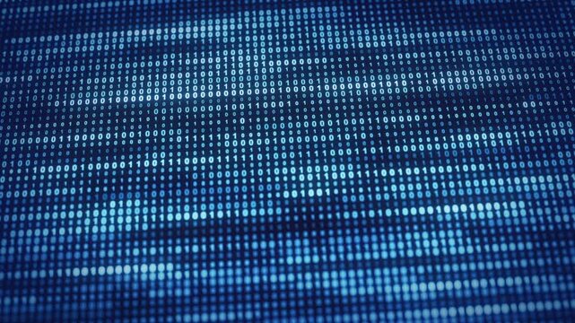 Looping randomly horizontally animated matrix array of binary numbers code changing screen. Background effect for code, programming, technology projects to add digital data effect with camera blur. 