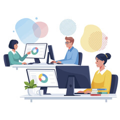 Team of professionals working on computers in an office environment.