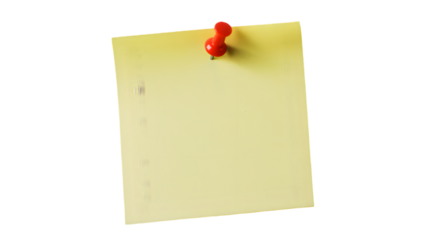 Blank yellow sticky note pinned with red push pin, isolated paper memo mockup, empty office reminder background, square stationery notice for list, text, business, school.