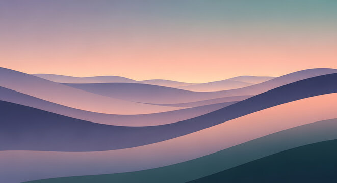 A serene and abstract minimalist landscape of rolling purple hills under a soft pastel sky