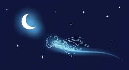 Surreal celestial jellyfish floating towards the crescent moon.