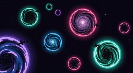 Vibrant Neon Swirls and Portals in a Dark Cosmic Expanse.