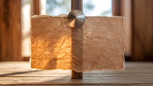 Blank beige handmade paper pinned on wood, rustic textured note mockup with sunlight, vintage organic fiber card background, backlit empty message sign.
